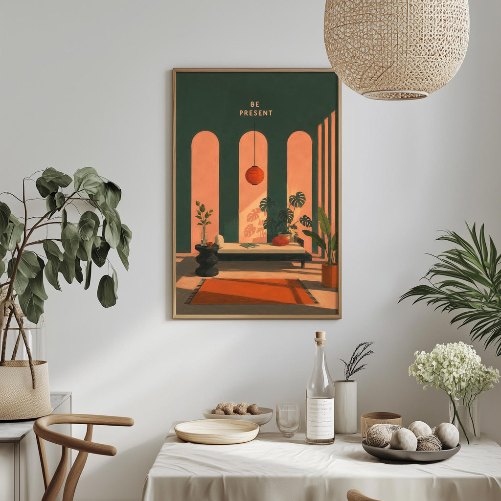 a dining room with a framed poster of an interior design scene hanging on the wall. The poster depicts a room with arched doorways, a chandelier, and various decorative elements such as plants and vases. The dining table is set with plates, bowls, and a bottle, creating a cozy and inviting atmosphere.