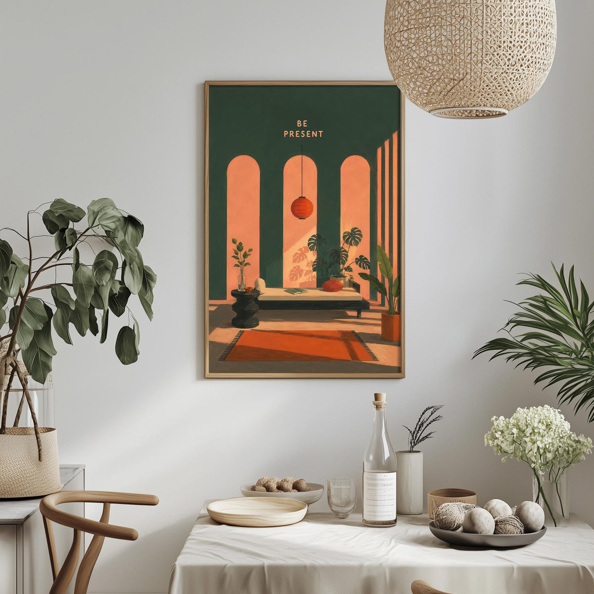 a dining room with a framed poster of an interior design scene hanging on the wall. The poster depicts a room with arched doorways, a chandelier, and various decorative elements such as plants and vases. The dining table is set with plates, bowls, and a bottle, creating a cozy and inviting atmosphere.