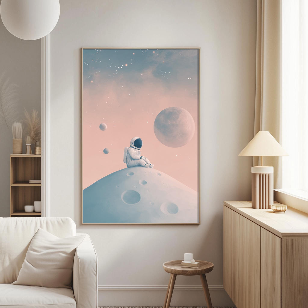 a person in a white spacesuit sitting on a rocky surface, gazing up at the night sky filled with stars and planets.