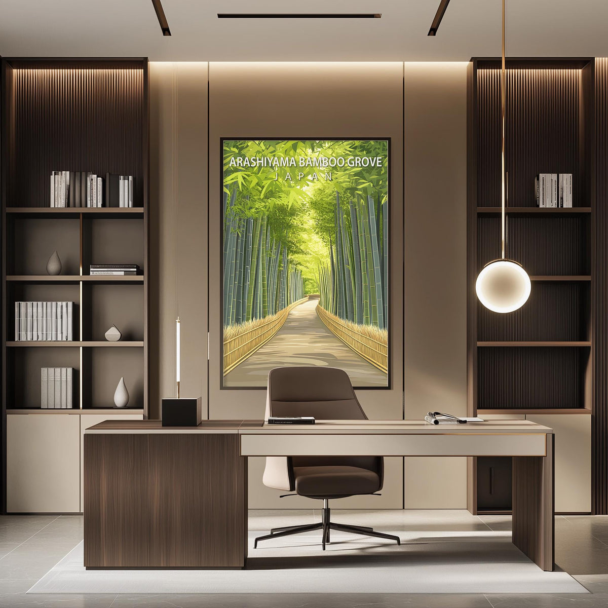 a modern office space with a large framed picture of a bamboo forest on the wall, creating a serene and natural atmosphere.
