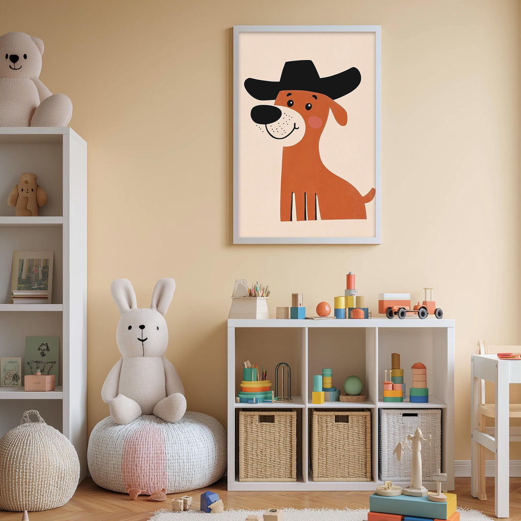 A child's bedroom with a white bookshelf, a stuffed rabbit, a stuffed dog, and a framed picture of a cartoon dog wearing a cowboy hat.