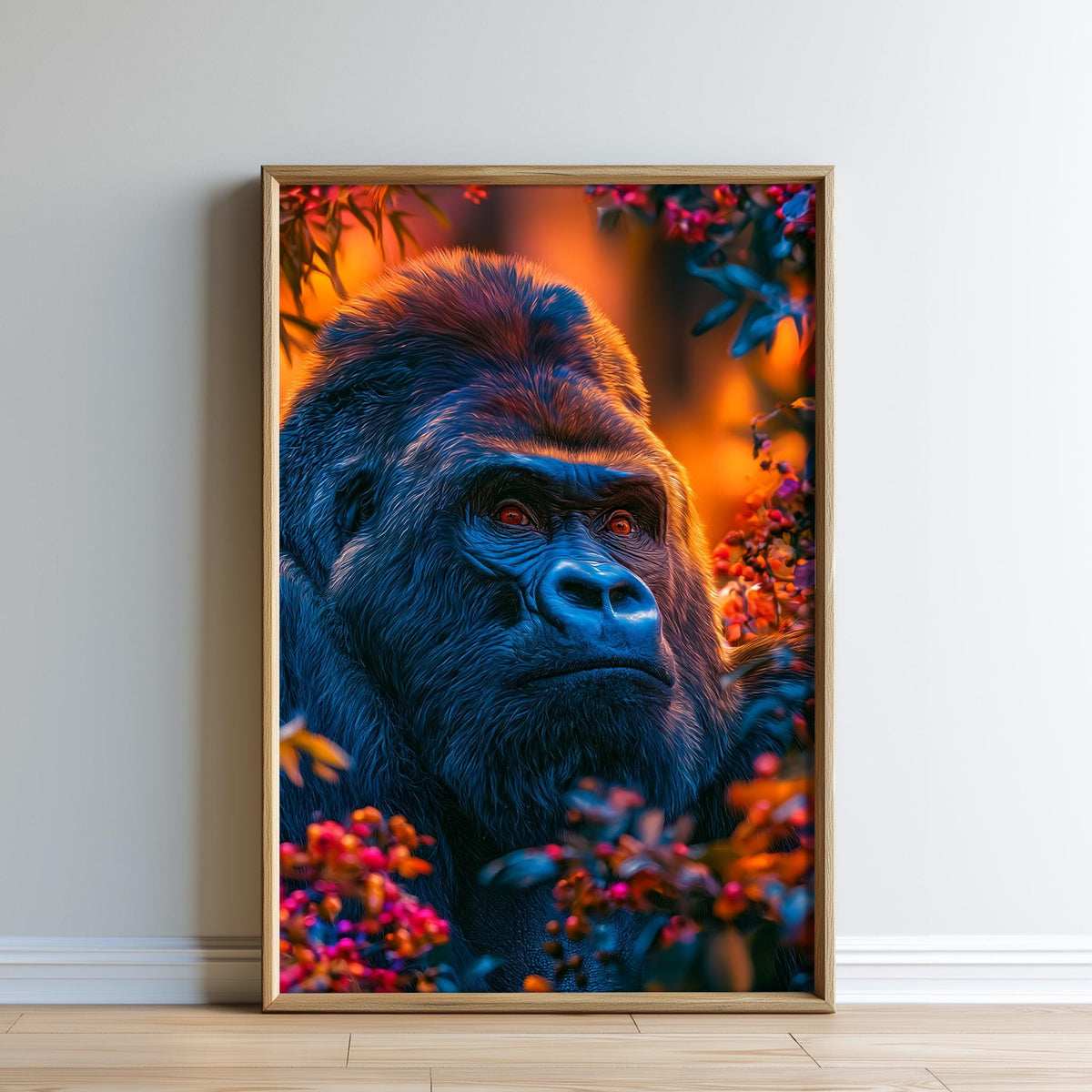 A close-up portrait of a gorilla with a blue face and dark fur, surrounded by vibrant orange and red flowers.