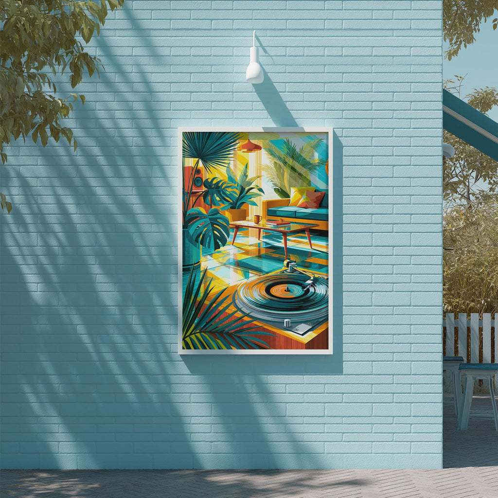 a vibrant painting of a tropical scene with a record player and various musical instruments, set against a blue brick wall.