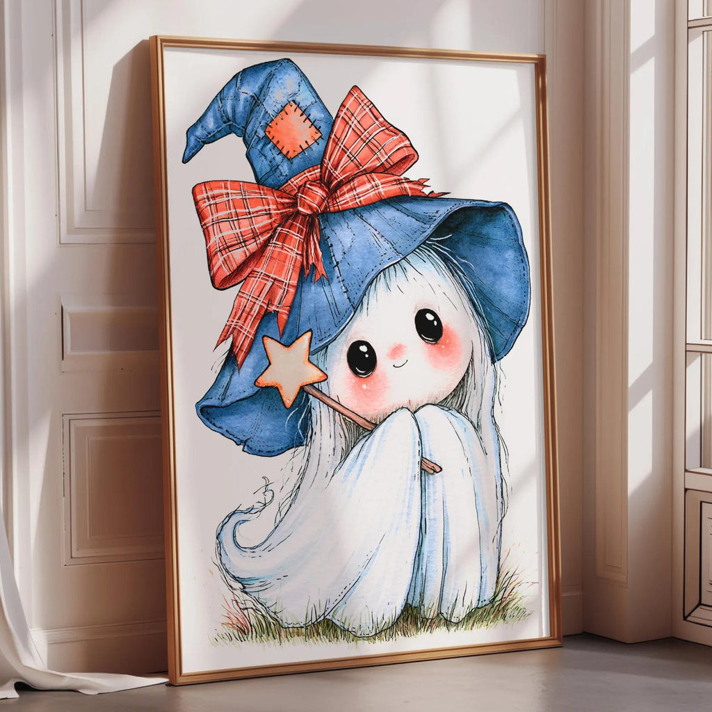 A framed illustration of a whimsical, cartoon-like character wearing a witch's hat with a plaid bow and a star, sitting on the grass.