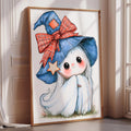 A framed illustration of a whimsical, cartoon-like character wearing a witch's hat with a plaid bow and a star, sitting on the grass.