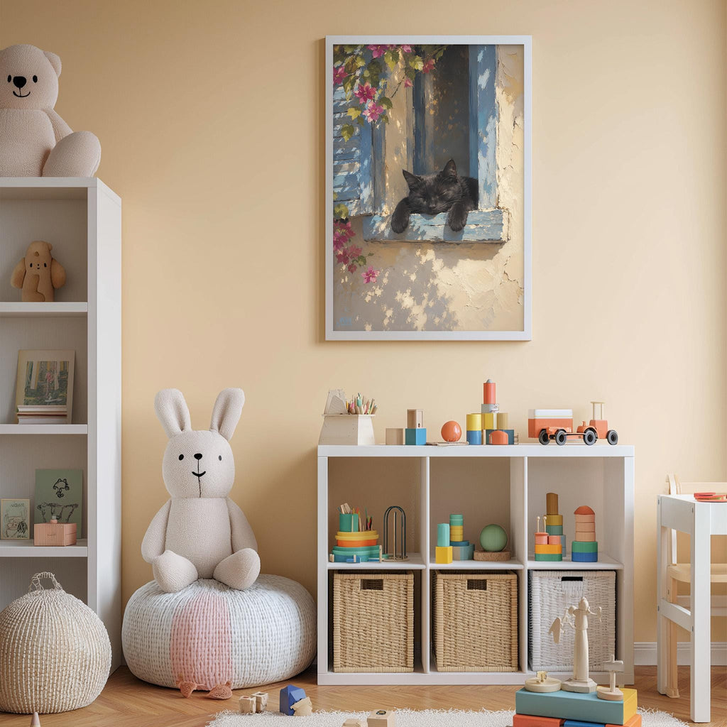 A cozy children's room with a white rabbit sitting on a bean bag chair, surrounded by various toys and a shelf with a framed picture of a cat.