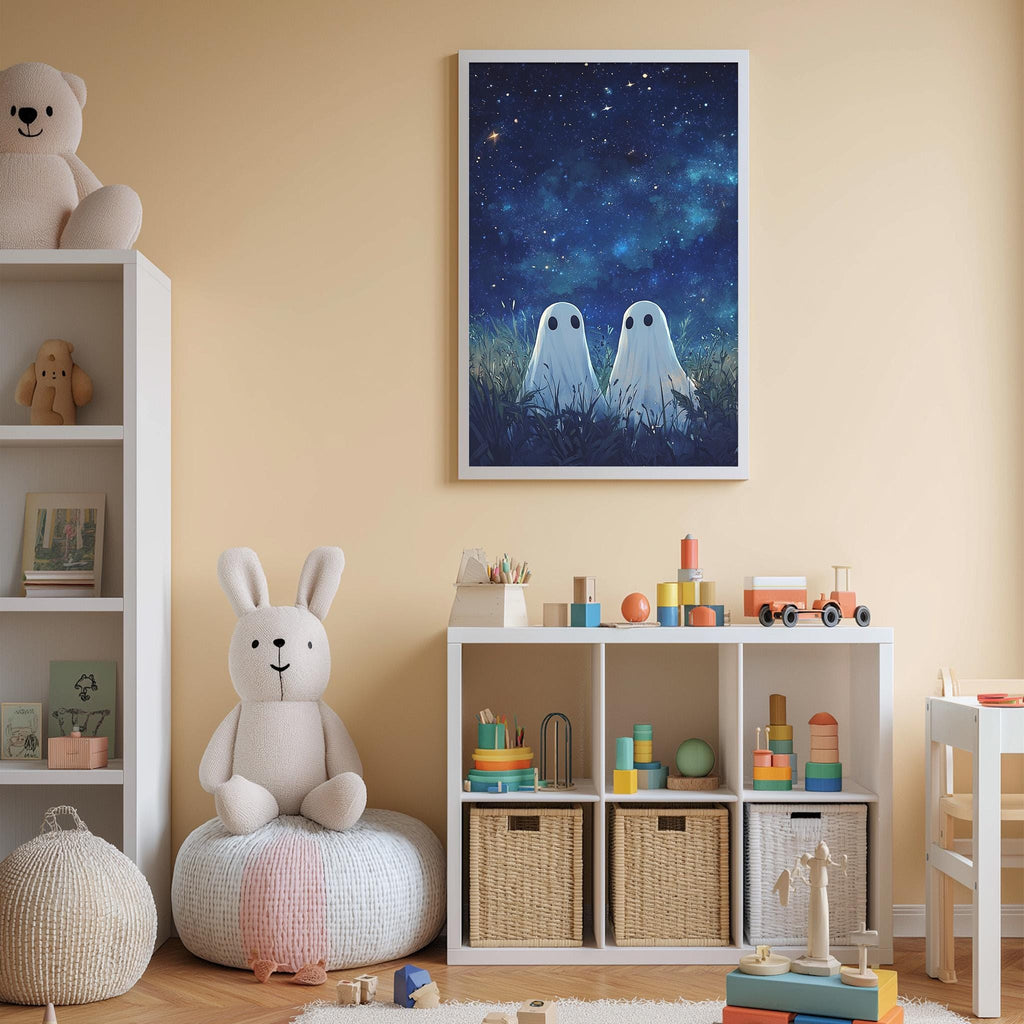 A cozy children's bedroom with a night sky painting on the wall, featuring two ghostly figures in the grass. The room is filled with various toys, including a teddy bear, a bunny plushie, and a stack of colorful building blocks. The overall atmosphere is warm and inviting, with a touch of whimsy from the ghostly figures and the starry night sky.