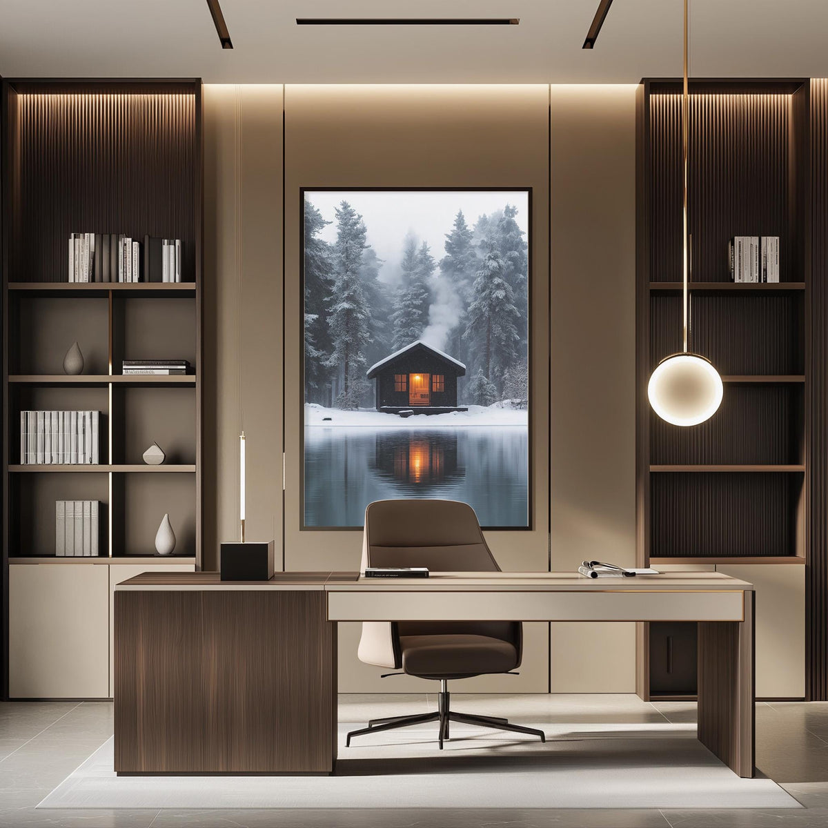 a modern office space with a large window that offers a view of a snowy forest. The office features a wooden desk, a comfortable chair, and a bookshelf filled with books and decorative items. The overall design and layout of the space create a serene and tranquil atmosphere.