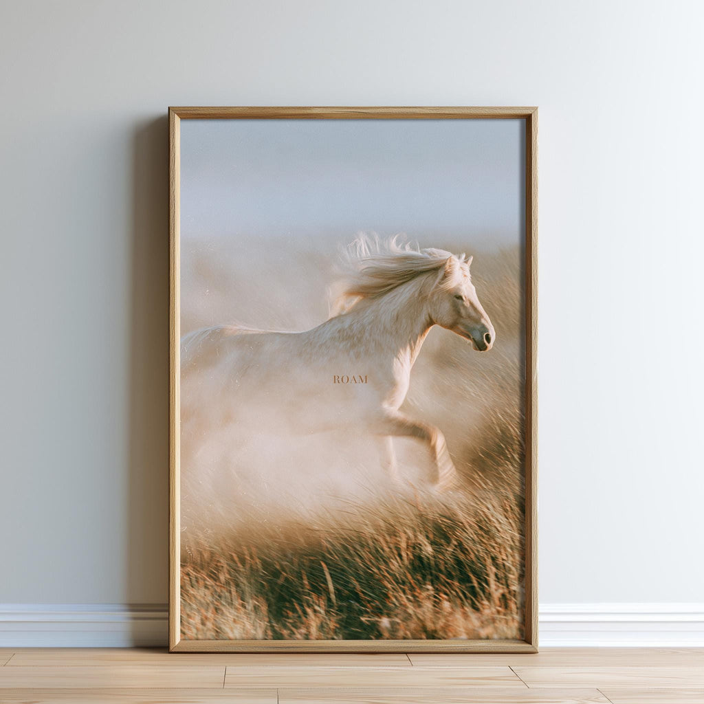 A framed photograph of a white horse running through a field of tall grass.