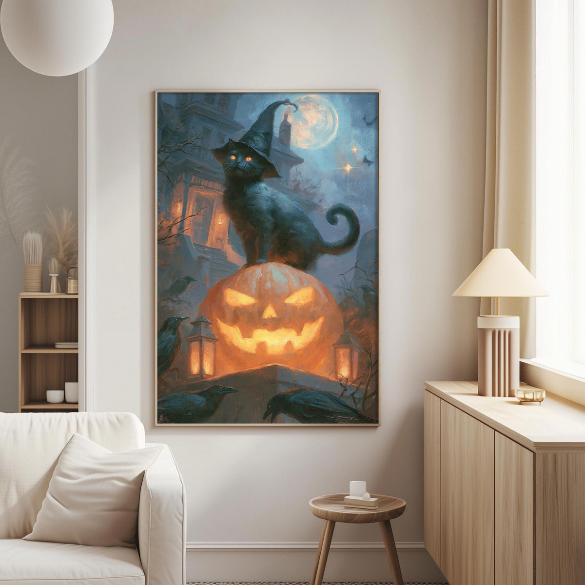 a cozy living room with a large framed painting of a black cat sitting on a jack-o-lantern, surrounded by Halloween-themed elements such as bats, pumpkins, and a full moon.