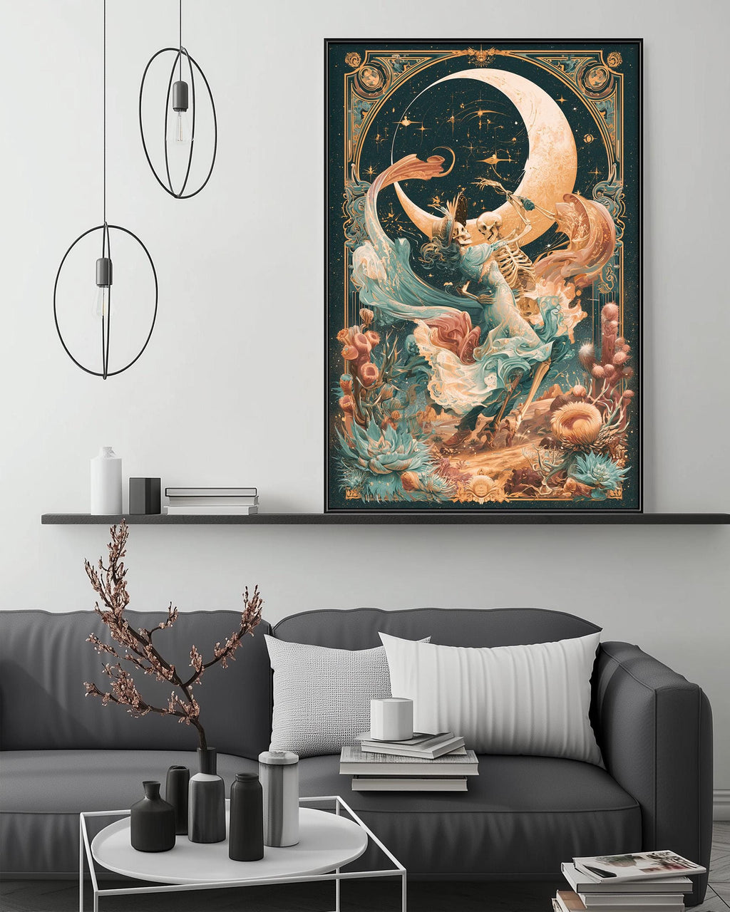a large, colorful painting of a woman with a crescent moon and stars in the background, hanging on a wall above a gray couch with white pillows.