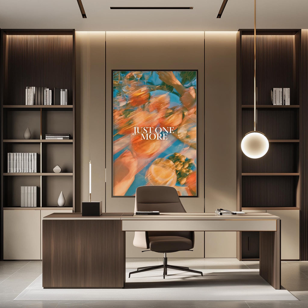 a modern and stylish office space with a large abstract painting on the wall, a wooden desk with a chair, and built-in bookshelves.