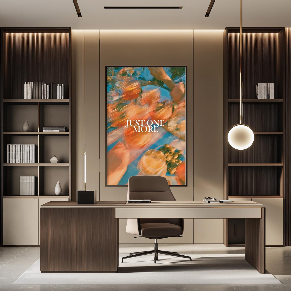 a modern and stylish office space with a large abstract painting on the wall, a wooden desk with a chair, and built-in bookshelves.