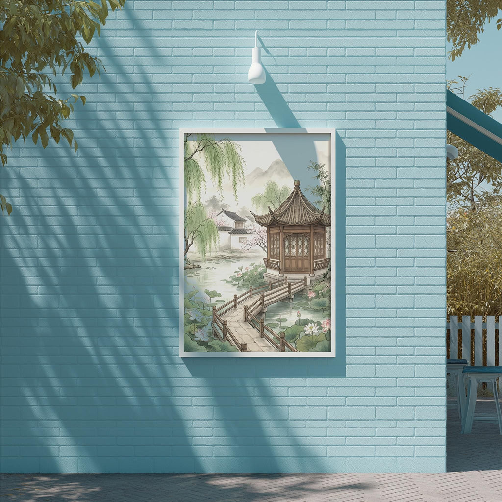 a serene Asian garden scene with a traditional Chinese pavilion, surrounded by lush greenery and a tranquil pond.