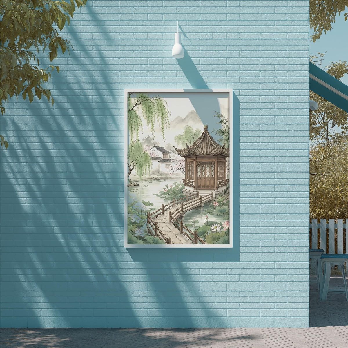 a serene Asian garden scene with a traditional Chinese pavilion, surrounded by lush greenery and a tranquil pond.