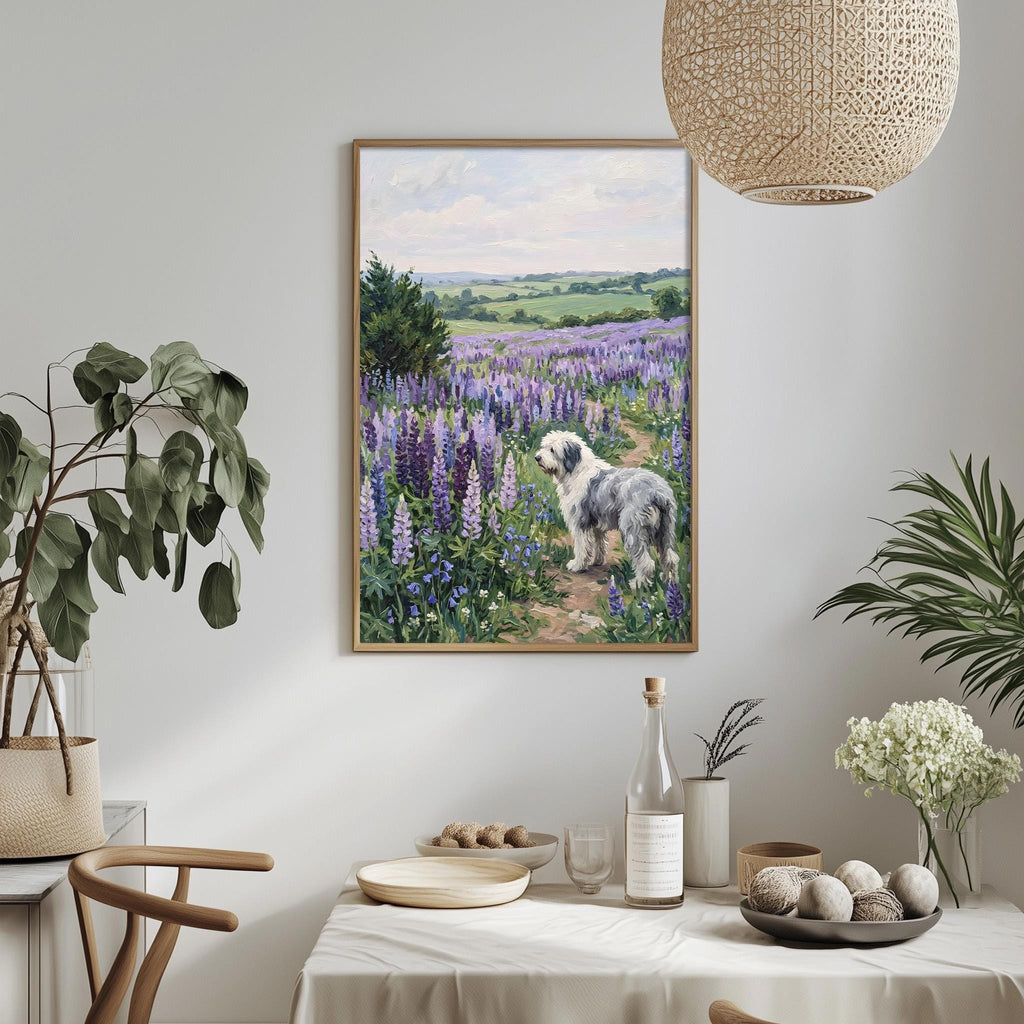 a framed painting of a dog standing in a field of purple flowers, with a serene landscape in the background. The painting is hung on a wall above a dining table, which has various items on it, including a bottle, a bowl, and a vase. The table is set with a white tablecloth and there are some plants and flowers in the room, creating a cozy and inviting atmosphere.