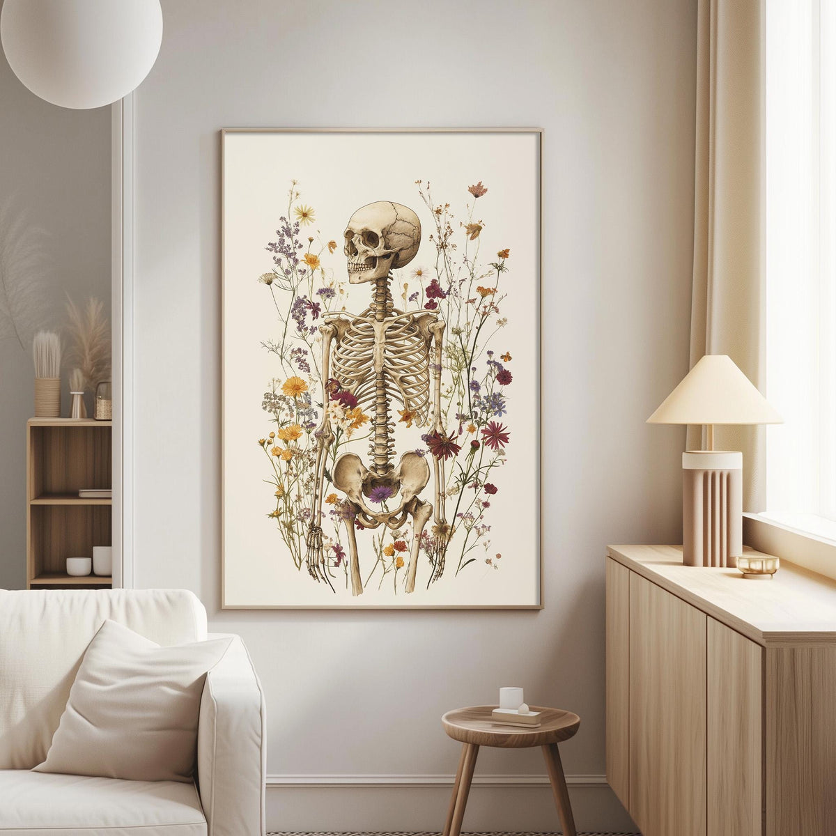a living room with a large framed print of a skeleton surrounded by flowers on the wall.