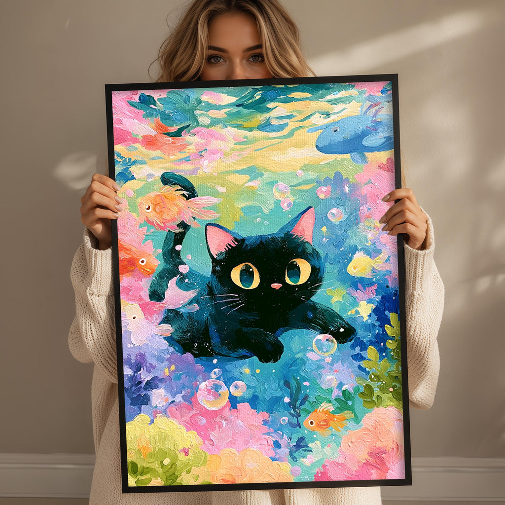 A woman holds up a framed painting depicting a black cat swimming underwater amidst colorful fish and bubbles.