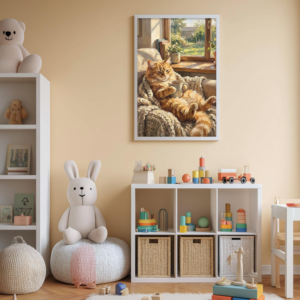 A cozy children's room with a large stuffed rabbit, a bookshelf, and a colorful toy box. A framed painting of a cat sitting on a blanket is displayed on the wall above the toy box.