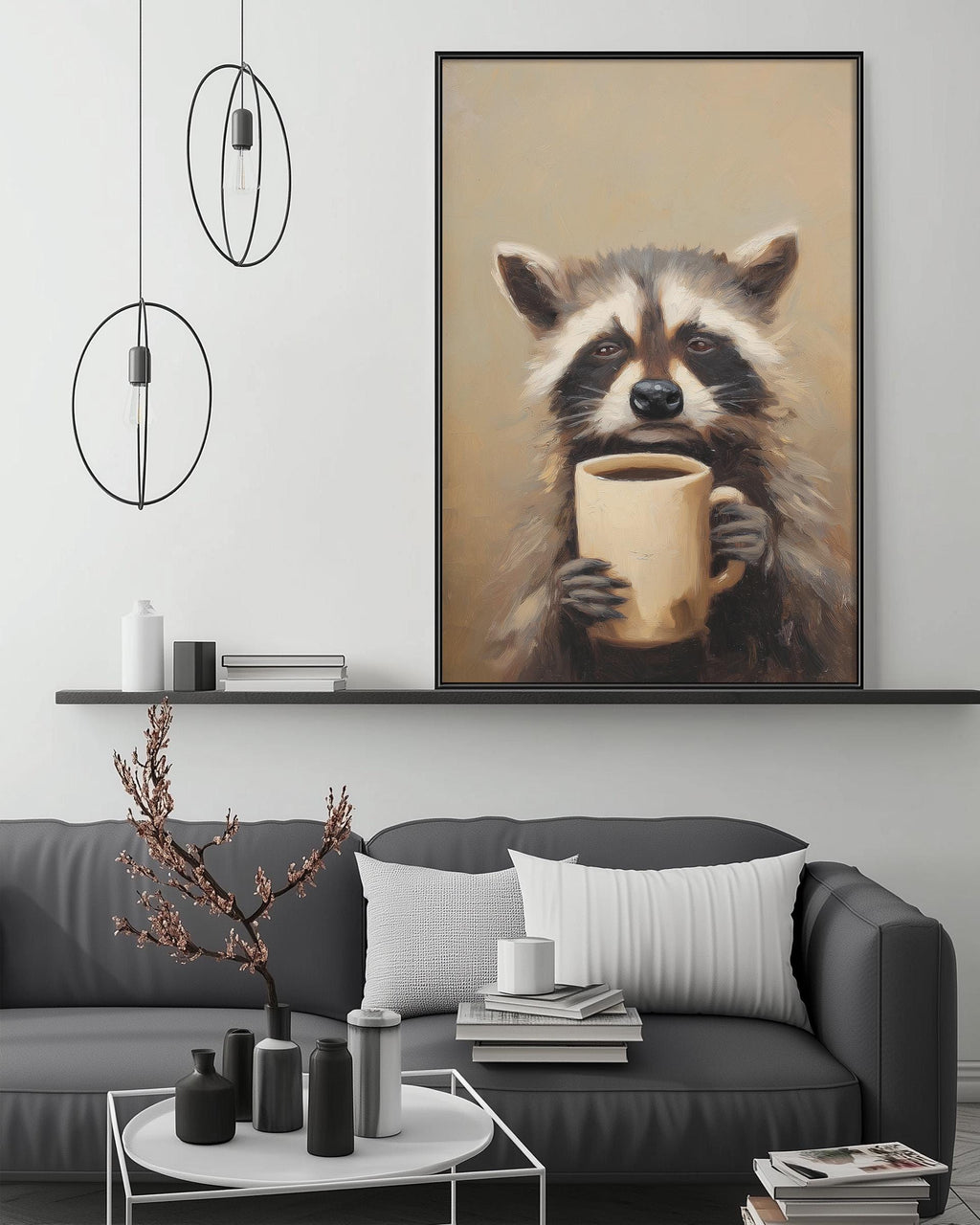 a raccoon holding a coffee mug, sitting on a couch in a living room setting with a coffee table and decorative items.