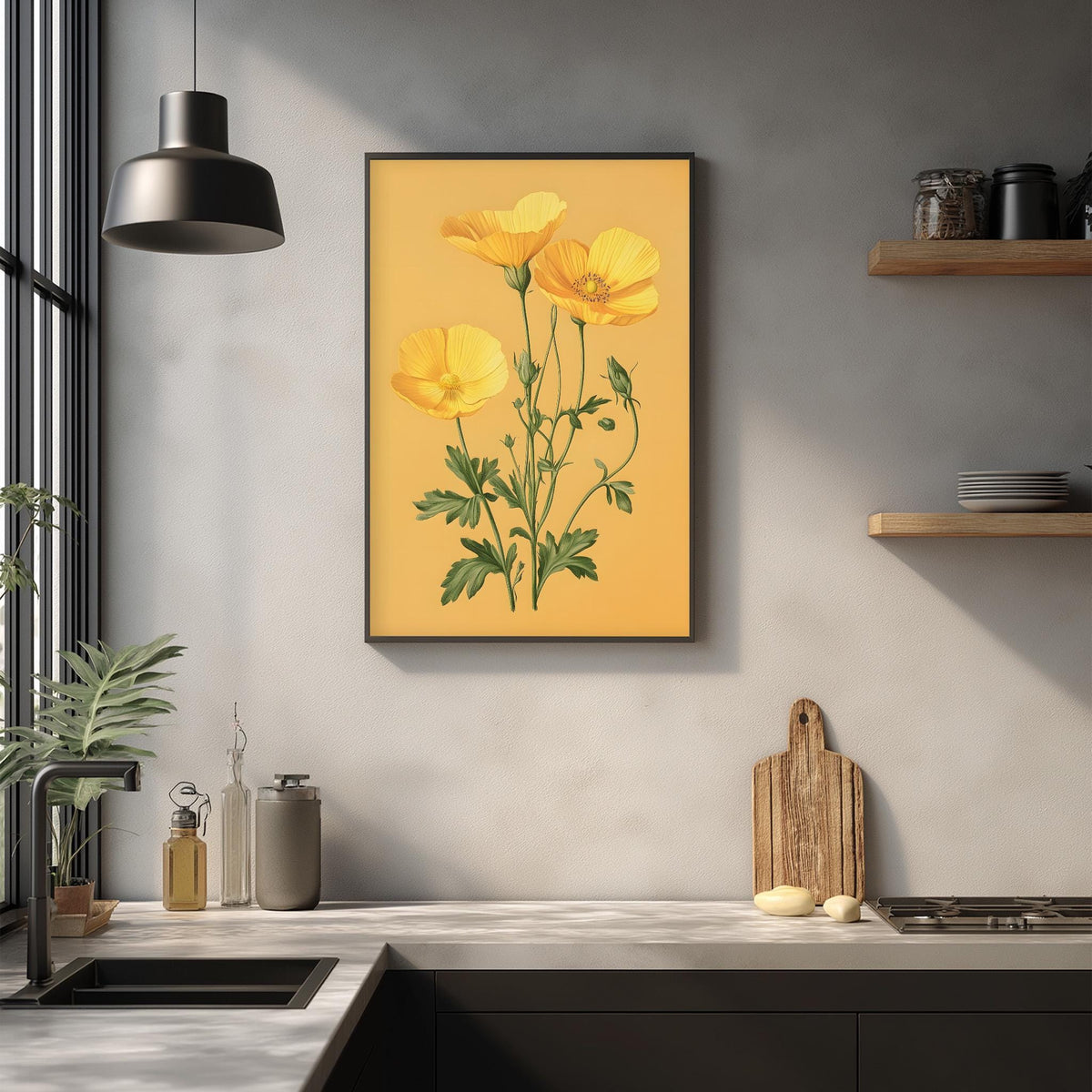a kitchen counter with a framed picture of yellow flowers hanging above it. The counter has various kitchen items, such as a cutting board, a soap dispenser, and a bottle. The overall scene has a warm and inviting atmosphere.