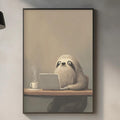 a kitchen counter with various items, including a laptop, a coffee cup, and a cutting board. Above the counter, there is a framed image of a sloth sitting at a desk and using a laptop.