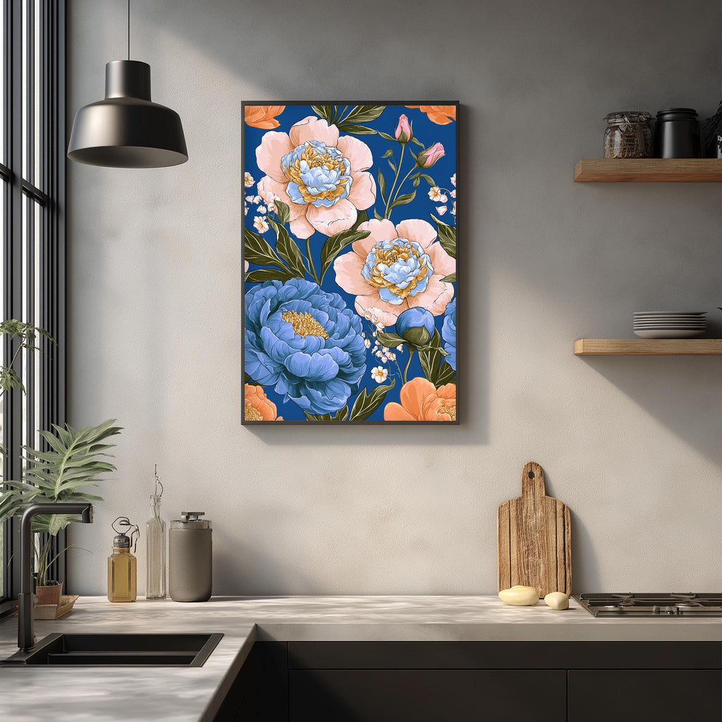 a kitchen counter with a framed floral print hanging above it, a wooden cutting board, and various kitchen accessories such as a soap dispenser and a bottle.