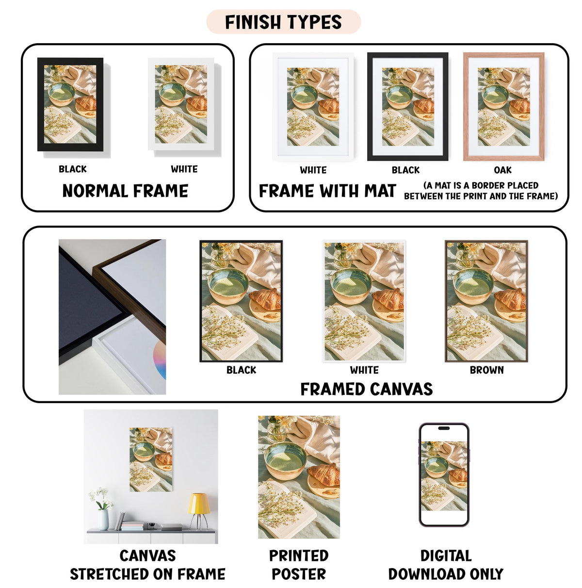 various finish types for a framed canvas print, including black, white, black and white, black and white with a mat, white, black, white, black, white, brown, framed canvas, and digital download only.