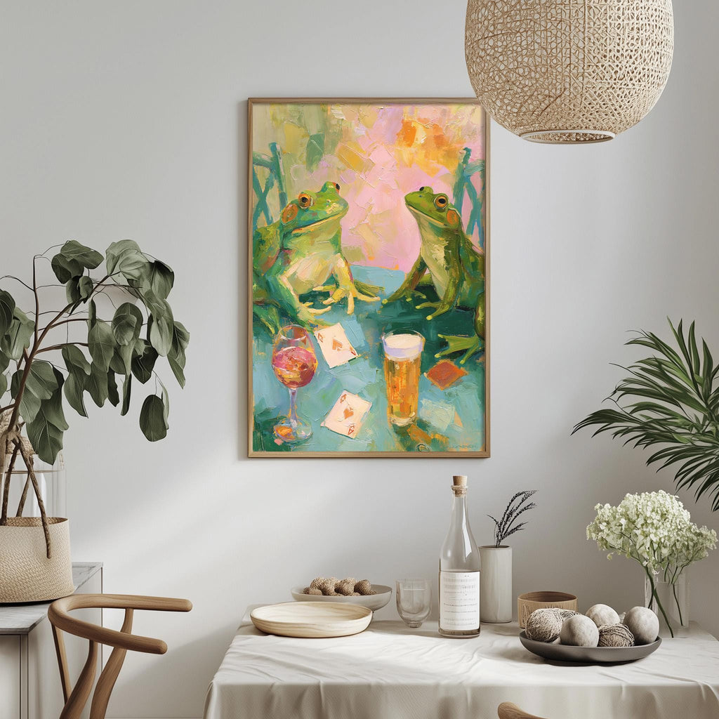 a cozy dining scene with two green frogs sitting at a table, surrounded by various objects such as a wine glass, a bottle, and a bowl of fruit.
