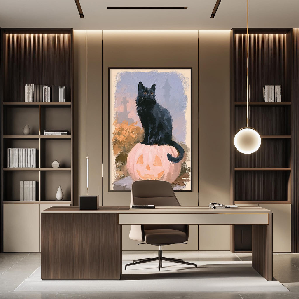 a modern office space with a large framed painting of a black cat sitting on a pumpkin. The office has a wooden desk, a chair, and a bookshelf filled with books. The overall design and decor create a stylish and comfortable workspace.