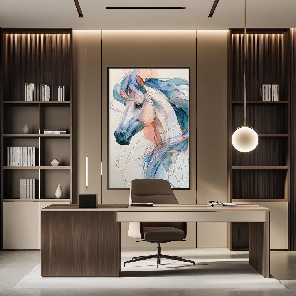 a modern and stylish office space with a large, colorful painting of a horse as the focal point. The office features a wooden desk, a comfortable chair, and a bookshelf filled with books and decorative items. The overall design and layout of the space create a professional and visually appealing atmosphere.