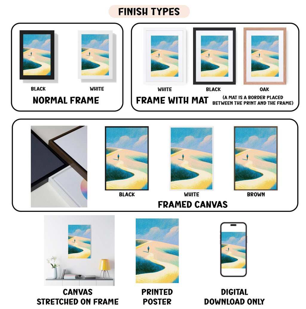 various types of artwork, including paintings, framed prints, and digital art, each with different finishes and frame styles.