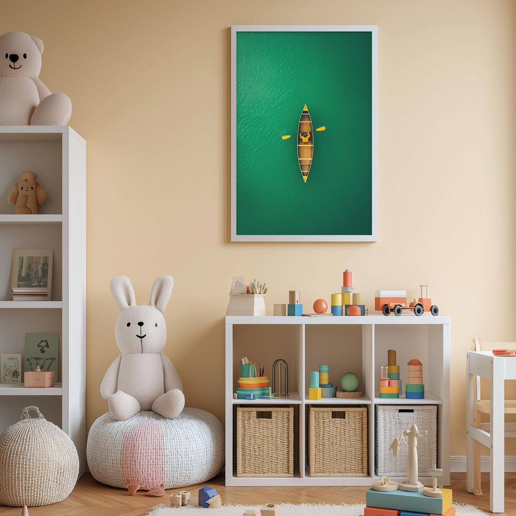 A cozy children's room with a large stuffed bunny, a bookshelf, and a colorful toy box filled with various toys. A framed picture of a boat floating on a green body of water is displayed on the wall above the toy box.