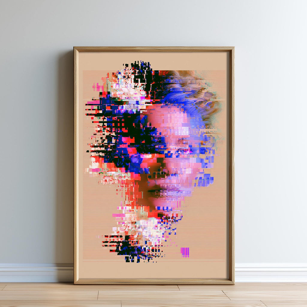 The image is a framed artwork depicting a colorful, abstract face with a distorted, pixelated effect.