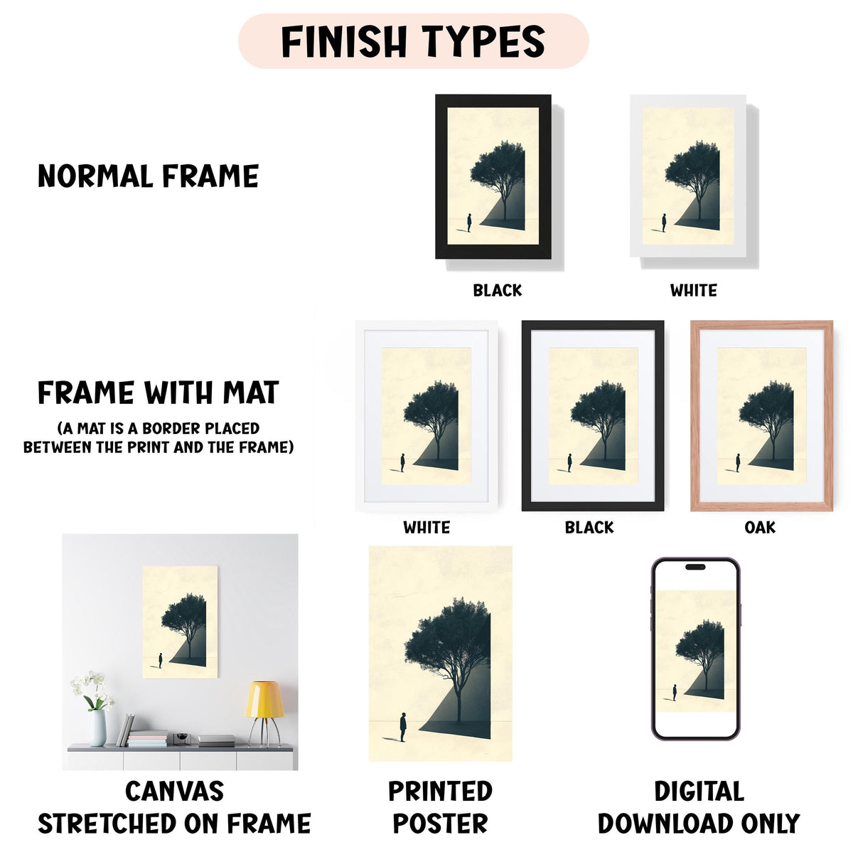 various types of artwork, including a canvas stretched on a frame, a framed poster, and a digital poster. The artwork is presented in different frame colors and styles, such as a normal frame, a black frame, a white frame, and an oak frame. The artwork is also described as a frame with a mat, a white frame, a black frame, and a digital download only. The image is a collage of multiple images, and the text provides information about the artwork, including its frame and the type of presentation.