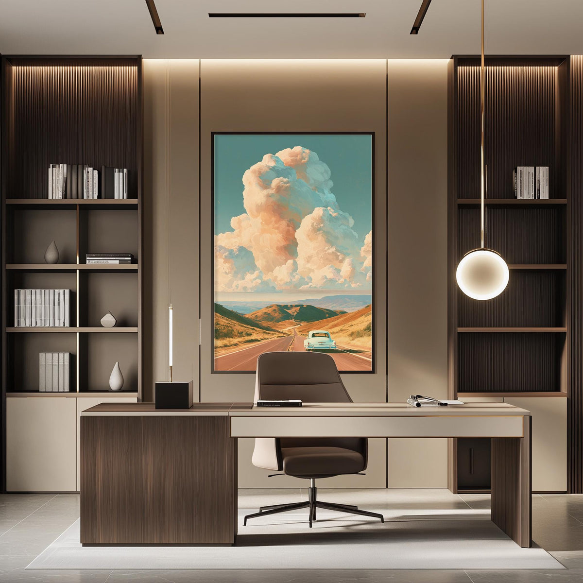 a modern office space with a large framed landscape painting depicting a road leading to a blue sky with clouds hanging above a mountain range. The painting is the focal point of the room, which includes a desk, chair, and shelving units.
