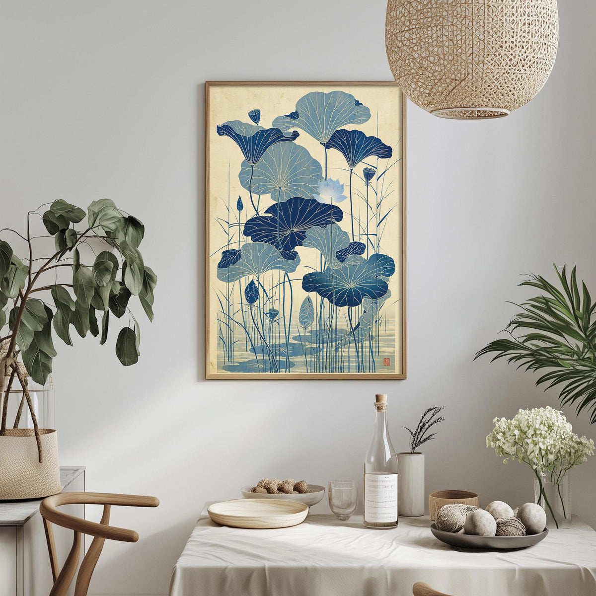 a dining table with a white tablecloth, a bowl of fruit, a bottle, and a vase with flowers. Above the table, there is a framed picture of blue flowers hanging on the wall.