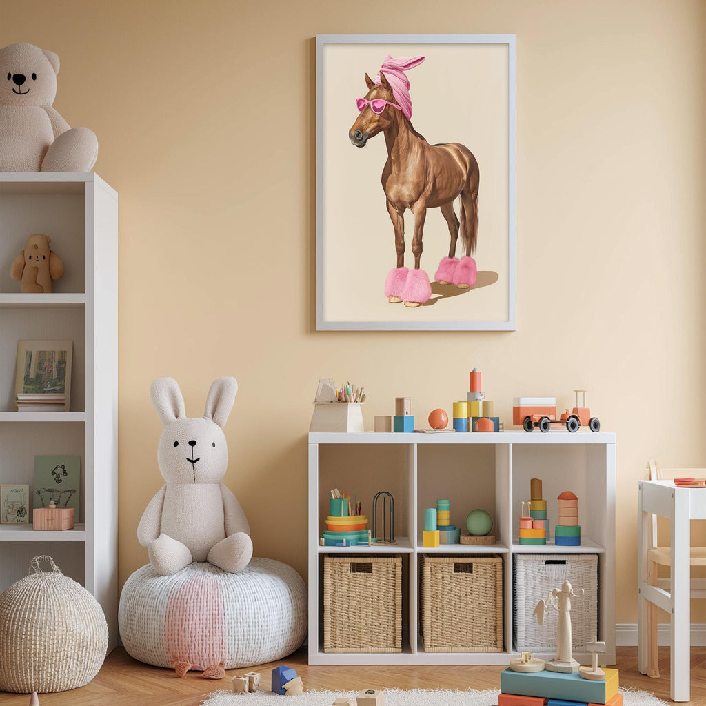 A child's bedroom with a white bookshelf, a stuffed bunny, a framed picture of a horse, and various toys and storage bins.