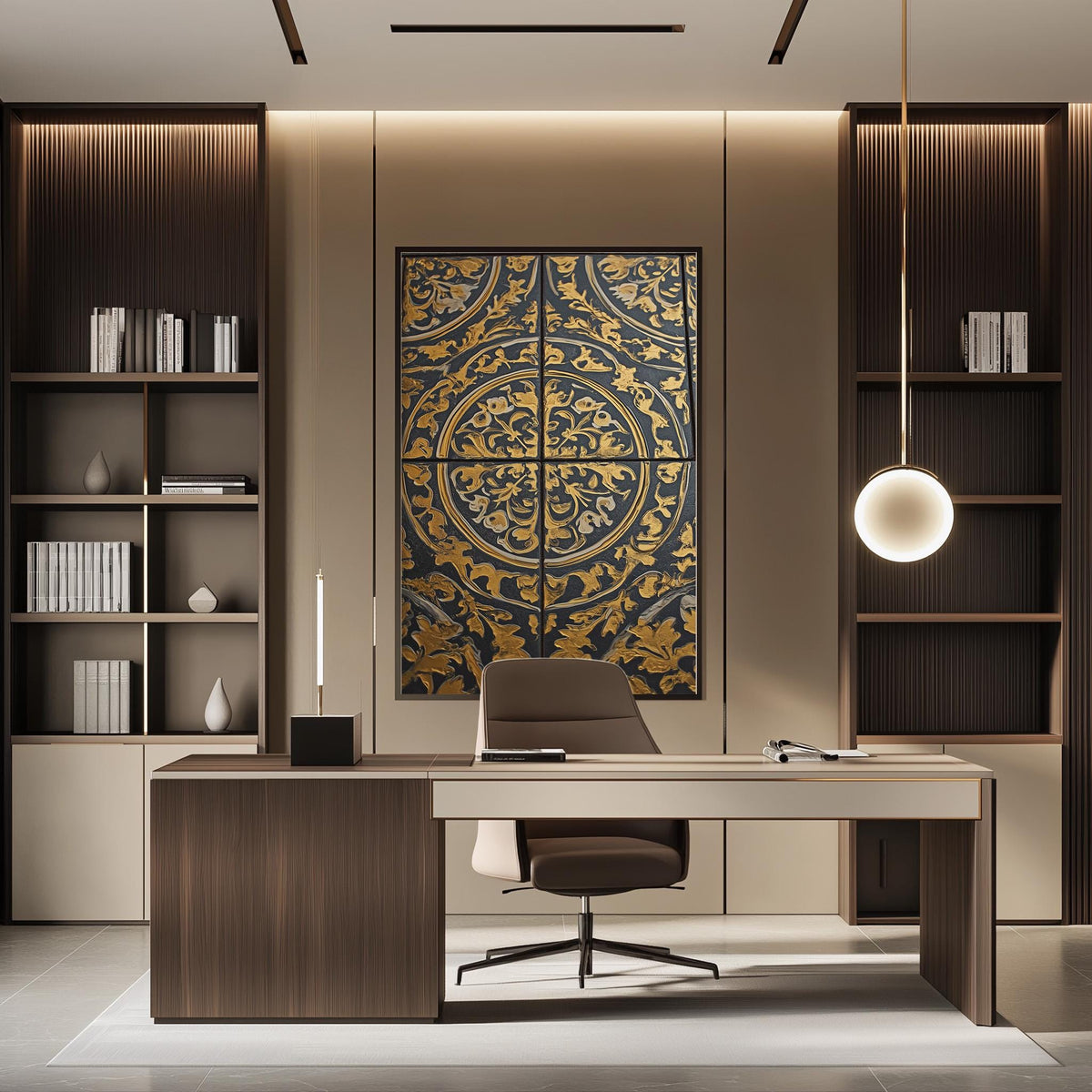 a modern and stylish office space with a large, ornate wall art piece featuring a floral design in gold and black. The office features a wooden desk with a comfortable-looking chair, and a bookshelf filled with books and decorative items. The overall design and layout of the space create a professional and sophisticated atmosphere.