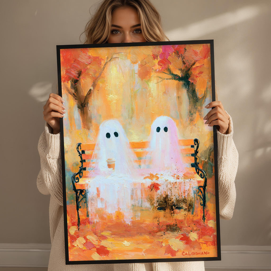 A woman holds up a framed painting depicting two ghostly figures sitting on a bench in an autumnal setting.