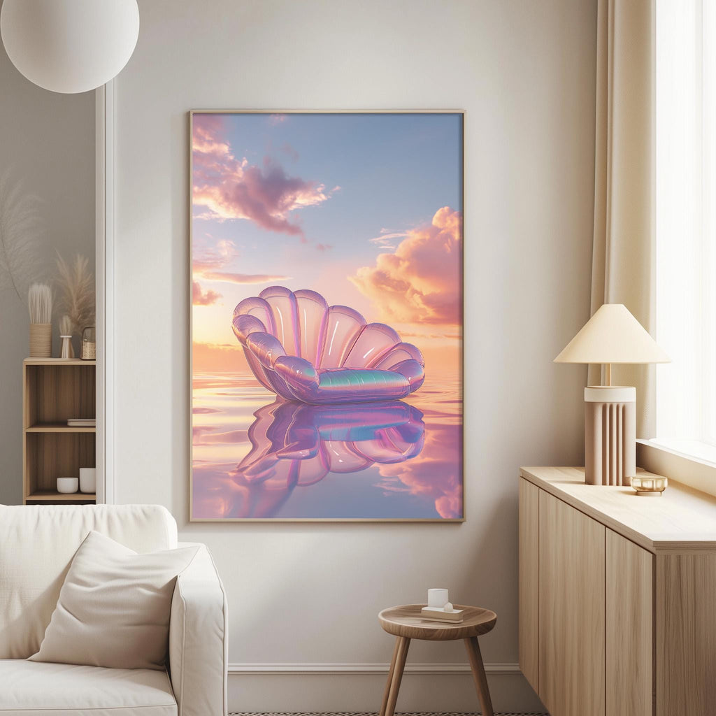 a large, colorful painting of a shell floating on a calm body of water, with a beautiful sunset in the background.
