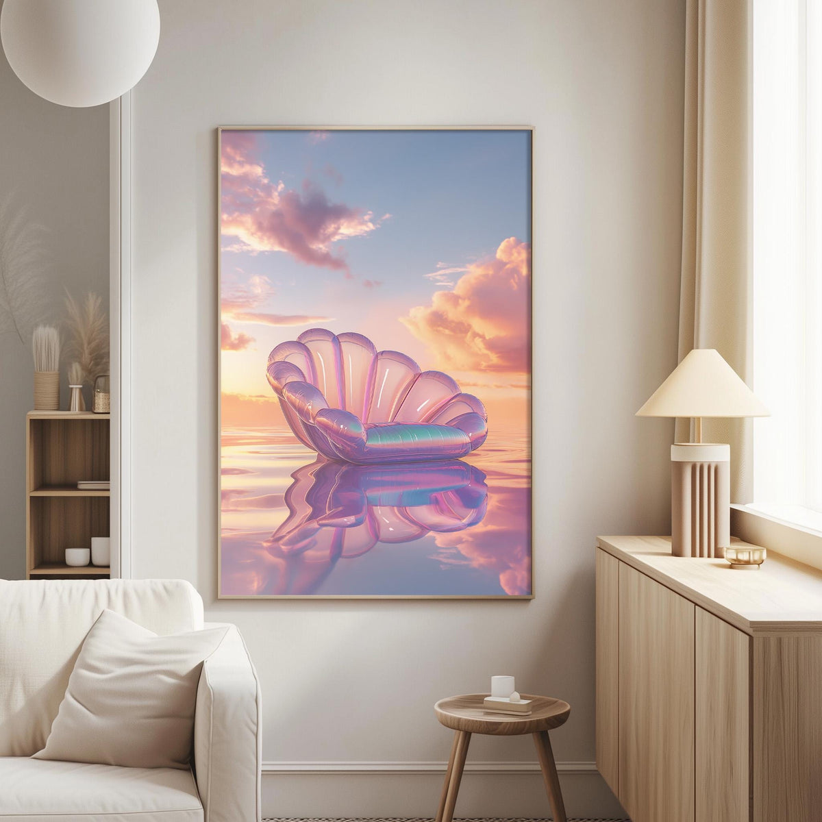 a large, colorful painting of a shell floating on a calm body of water, with a beautiful sunset in the background.