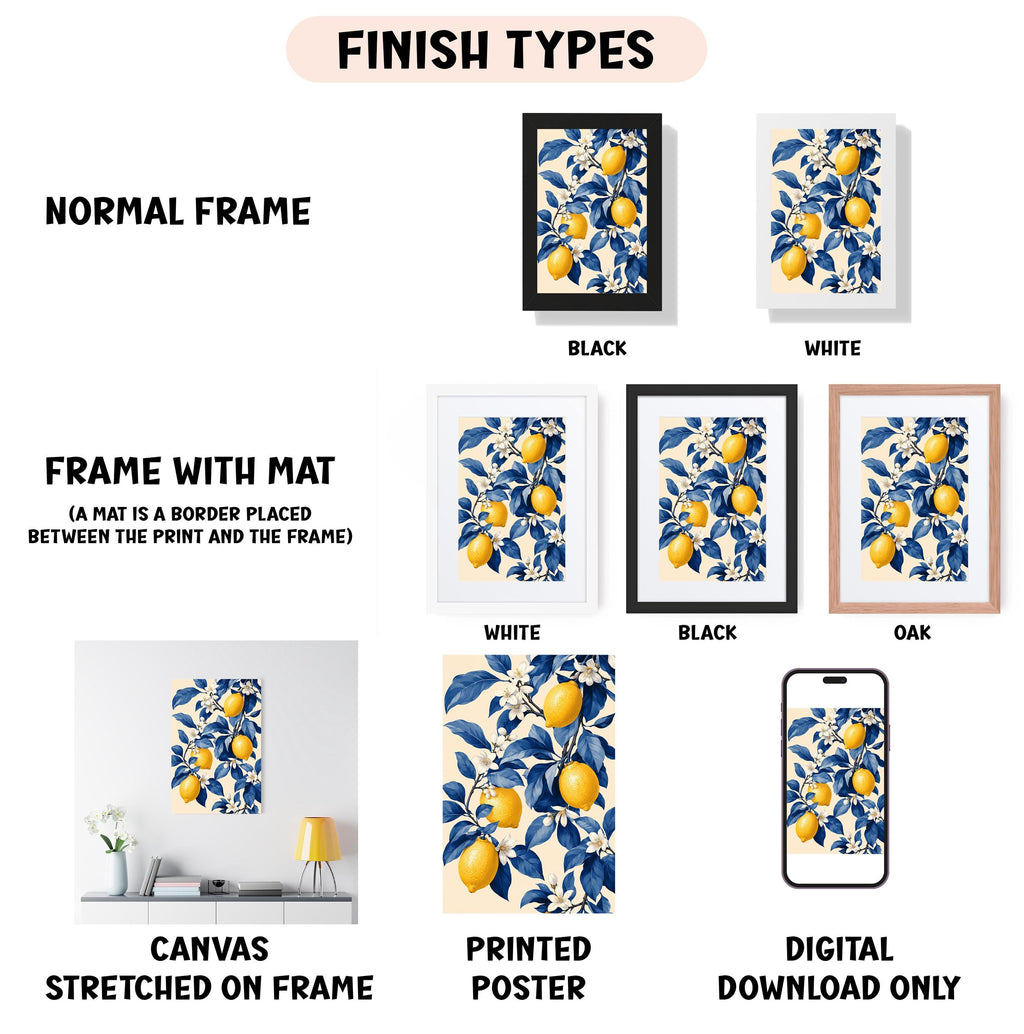 various finish types for artwork, including a normal frame, a frame with a mat, a white frame, a black frame, an oak frame, a white canvas stretched on a frame, a printed poster, and a digital download only.