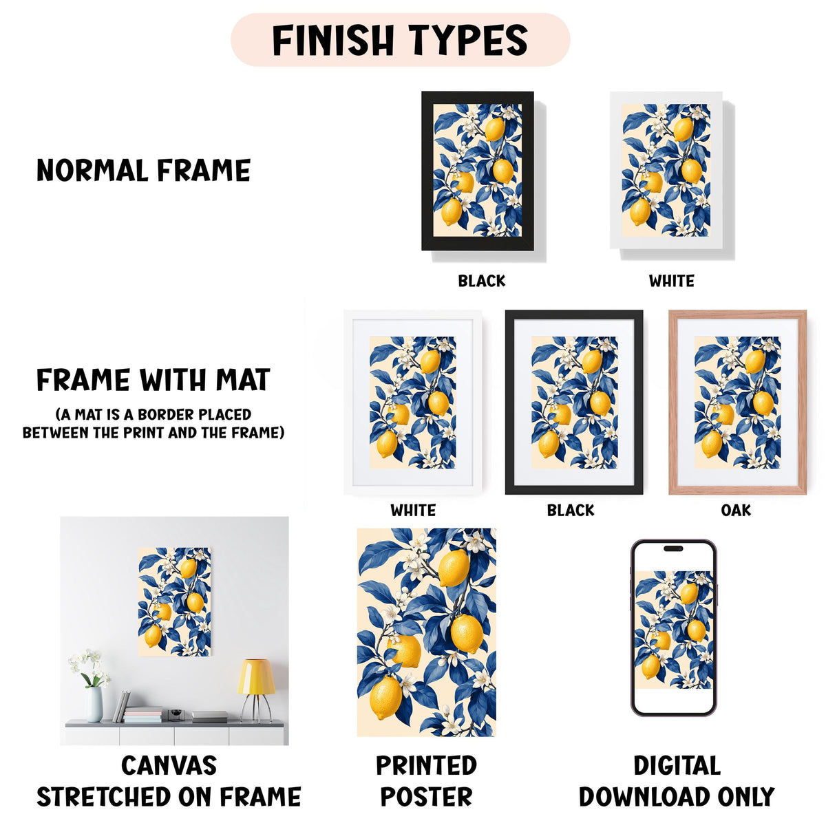 various finish types for artwork, including a normal frame, a frame with a mat, a white frame, a black frame, an oak frame, a white canvas stretched on a frame, a printed poster, and a digital download only.