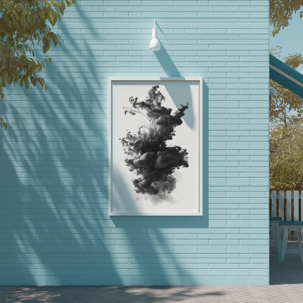 a blue brick wall with a framed black and white abstract artwork hanging on it.