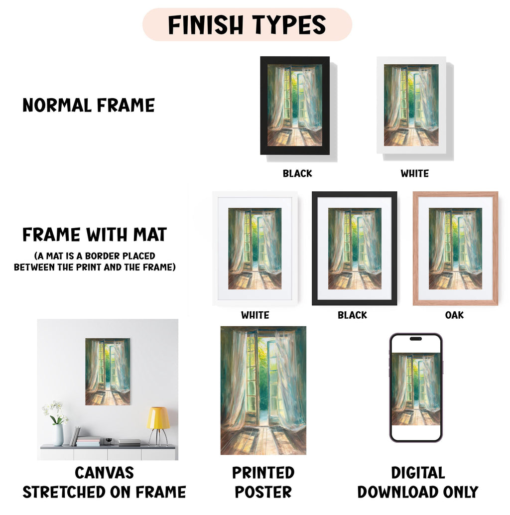 various finish types for framed artwork, including a normal frame, a frame with a mat, a white frame, a black frame, a black frame, an oak frame, a white frame, a black frame, and a digital poster.