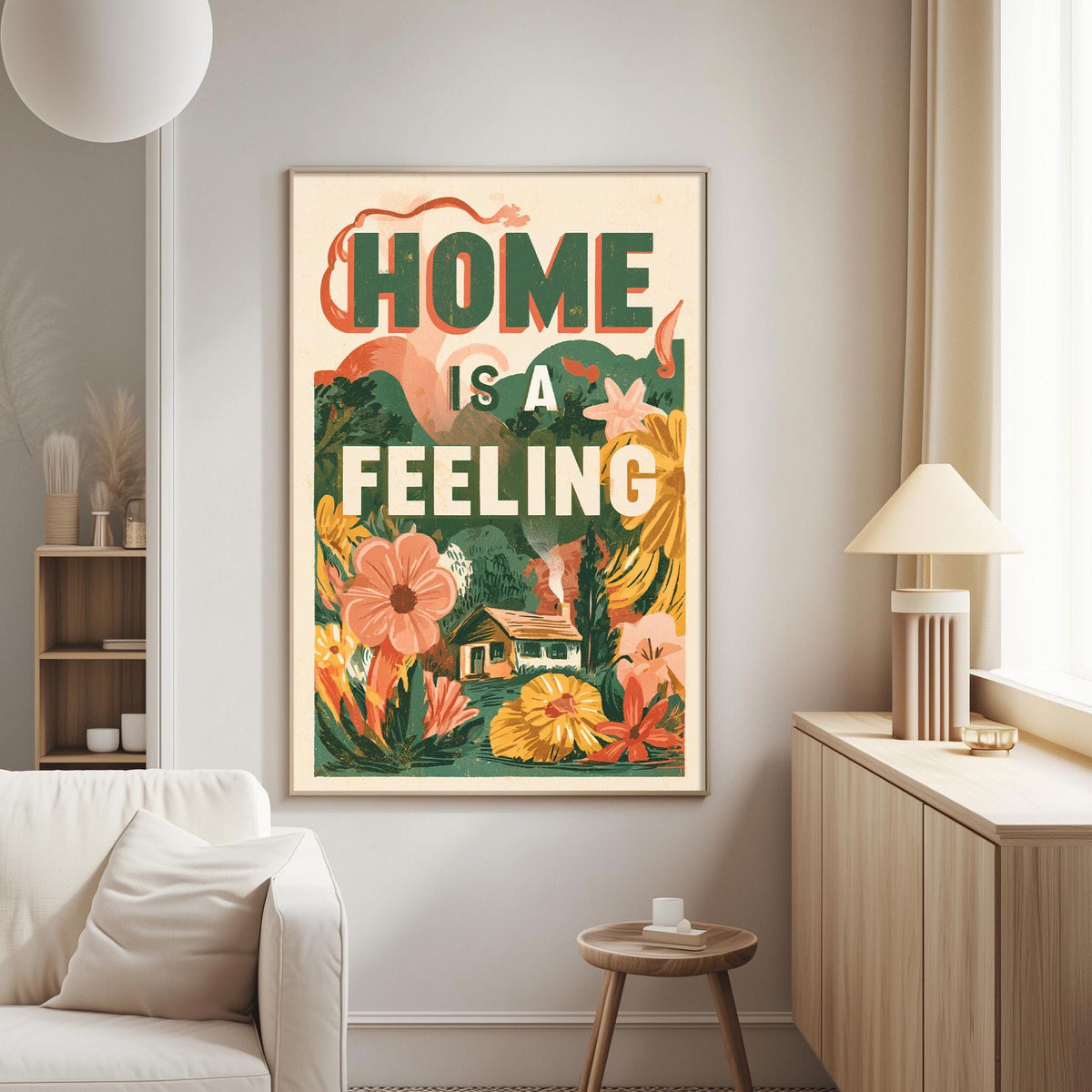 a living room with a large framed poster on the wall that reads "HOME IS A FEELING" in bold, colorful letters. The poster is surrounded by a variety of flowers and plants, creating a vibrant and lively atmosphere.