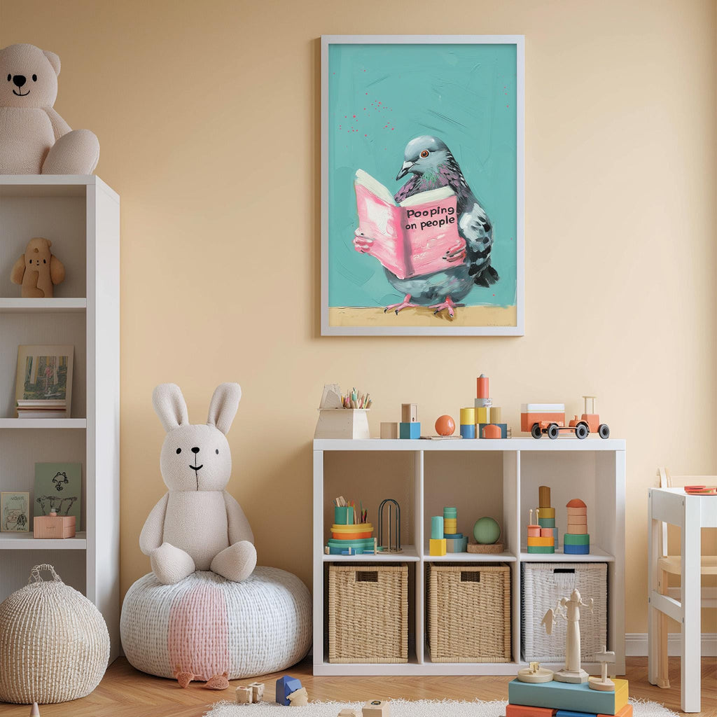 A child's bedroom with a bookshelf, stuffed animals, and a colorful poster featuring a pigeon reading a book.