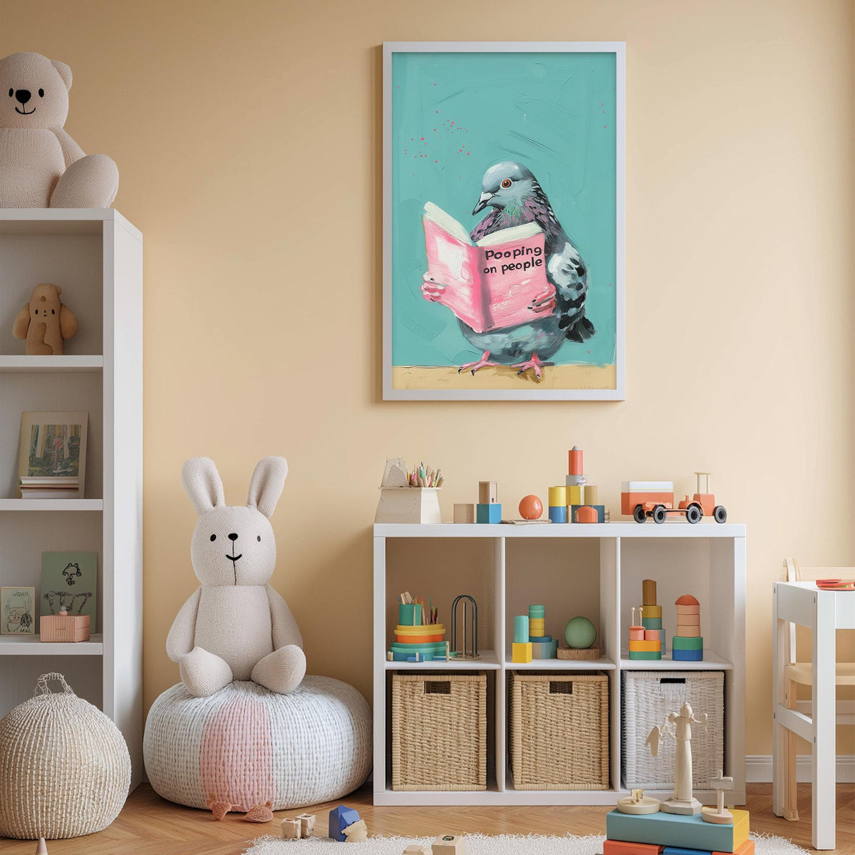 A child's bedroom with a bookshelf, stuffed animals, and a colorful poster featuring a pigeon reading a book.