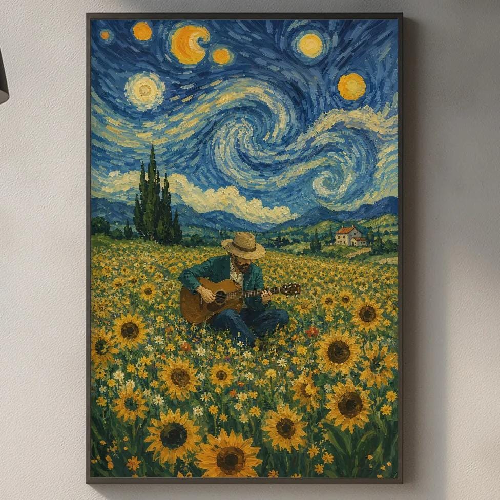 a kitchen counter with a framed painting of a field of sunflowers hanging above it. The painting depicts a person sitting in the field, surrounded by the vibrant yellow flowers. The kitchen counter also has various items such as a cutting board, a bottle, and a bowl.